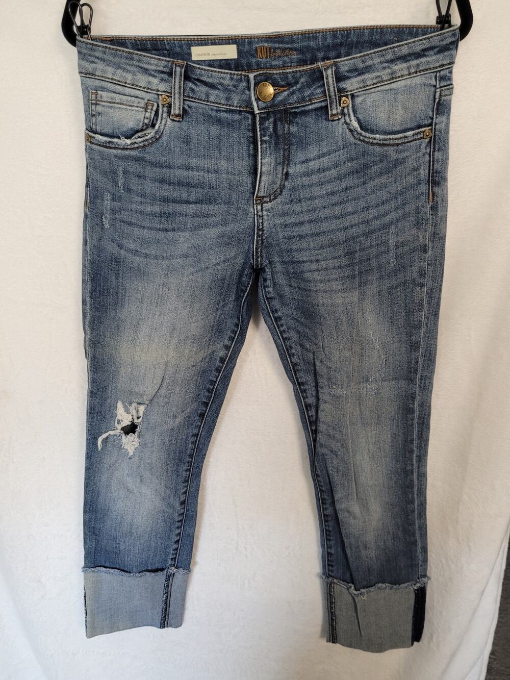 KUT from the Kloth Cameron Straight Leg Crop Jeans Women's 6 Med Wash, cuffed
